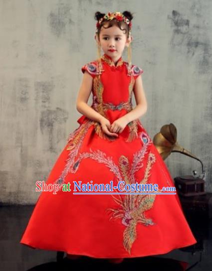 Chinese New Year Performance Embroidered Phoenix Red Dress National Kindergarten Girls Dance Stage Show Costume for Kids