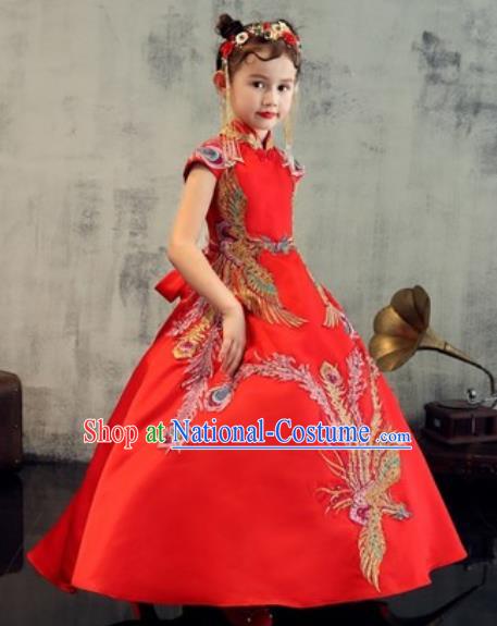 Chinese New Year Performance Embroidered Phoenix Red Dress National Kindergarten Girls Dance Stage Show Costume for Kids