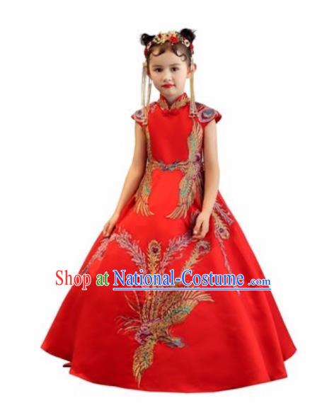 Chinese New Year Performance Embroidered Phoenix Red Dress National Kindergarten Girls Dance Stage Show Costume for Kids