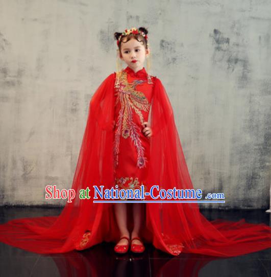 Chinese New Year Performance Embroidered Phoenix Red Qipao Dress National Kindergarten Girls Dance Stage Show Costume for Kids