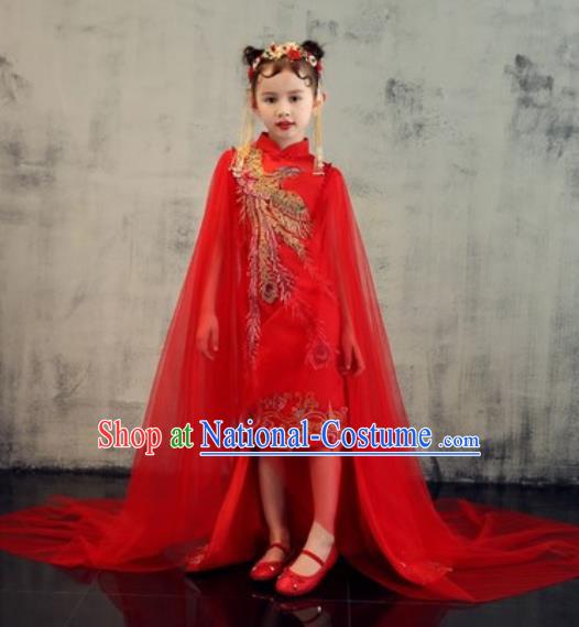 Chinese New Year Performance Embroidered Phoenix Red Qipao Dress National Kindergarten Girls Dance Stage Show Costume for Kids