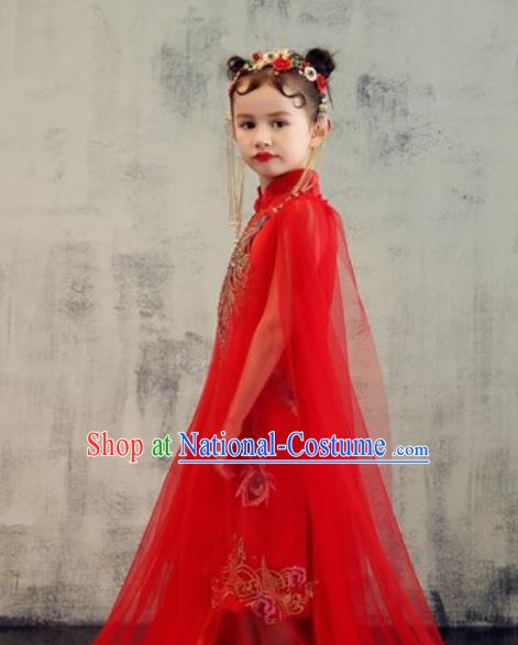 Chinese New Year Performance Embroidered Phoenix Red Qipao Dress National Kindergarten Girls Dance Stage Show Costume for Kids