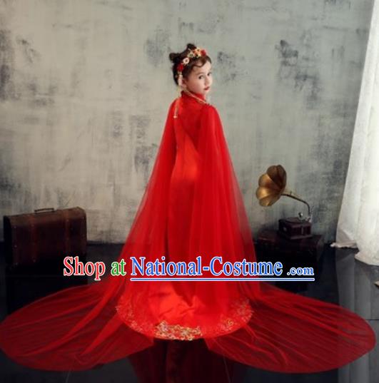 Chinese New Year Performance Embroidered Phoenix Red Qipao Dress National Kindergarten Girls Dance Stage Show Costume for Kids