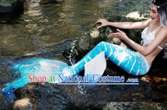 Halloween Cosplay Mermaid Blue Fishtail Swimwear Dress Nylon Fish Tail Skirt Clothing for Women