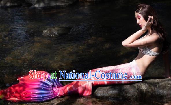 Halloween Cosplay Mermaid Light Red Fishtail Swimwear Dress Nylon Fish Tail Skirt Clothing for Women