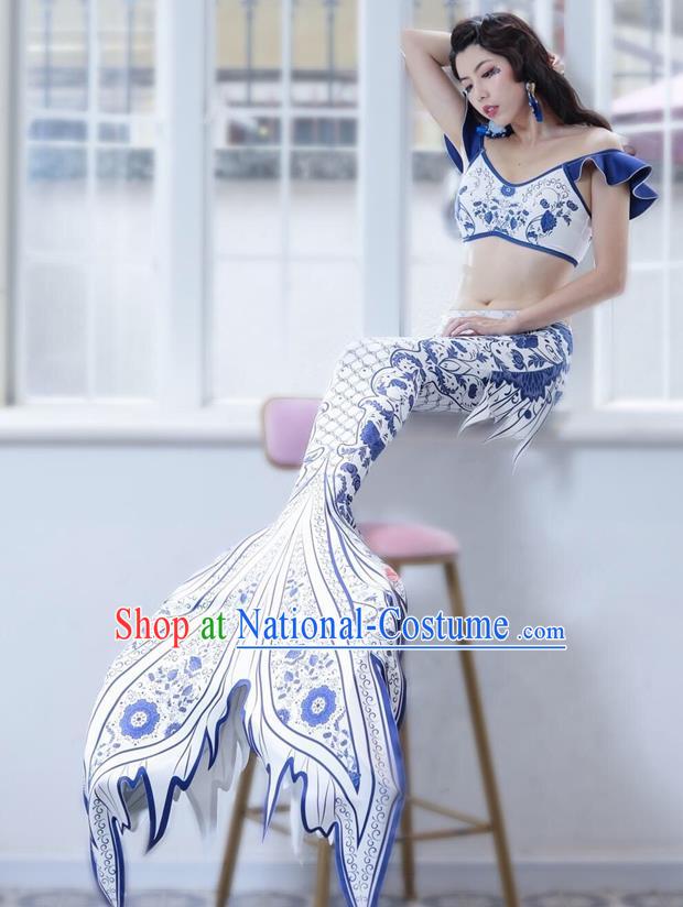 Halloween Cosplay Mermaid White Fishtail Swimwear Dress Nylon Fish Tail Skirt Clothing for Women