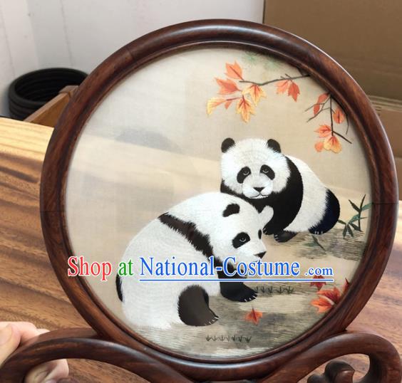 Chinese Traditional Suzhou Embroidery Panda Desk Folding Screen Embroidered Rosewood Decoration Embroidering Craft