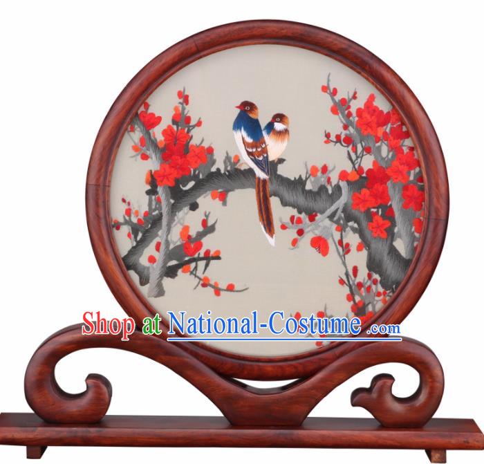 Chinese Traditional Suzhou Embroidery Red Plum Desk Folding Screen Embroidered Rosewood Decoration Embroidering Craft