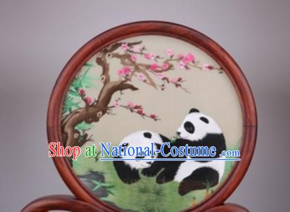 Chinese Traditional Suzhou Embroidery Panda Plum Desk Folding Screen Embroidered Rosewood Decoration Embroidering Craft