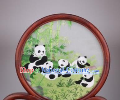 Chinese Traditional Suzhou Embroidery Panda Bamboo Desk Folding Screen Embroidered Rosewood Decoration Embroidering Craft