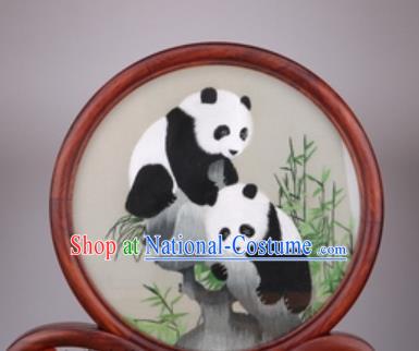 Chinese Traditional Suzhou Embroidery Double Panda Desk Folding Screen Embroidered Rosewood Decoration Embroidering Craft