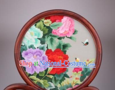 Chinese Traditional Suzhou Embroidery Peony Flowers Desk Folding Screen Embroidered Rosewood Decoration Embroidering Craft