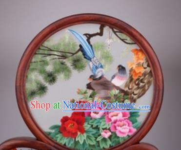 Chinese Traditional Suzhou Embroidery Peony Birds Desk Folding Screen Embroidered Rosewood Decoration Embroidering Craft