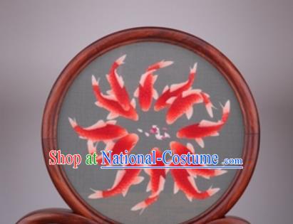 Chinese Traditional Suzhou Embroidery Red Carps Desk Folding Screen Embroidered Rosewood Decoration Embroidering Craft