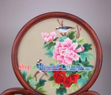 Chinese Traditional Suzhou Embroidery Peony Desk Folding Screen Embroidered Rosewood Decoration Embroidering Craft