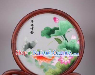 Chinese Traditional Suzhou Embroidery Carp Lotus Desk Folding Screen Embroidered Rosewood Decoration Embroidering Craft