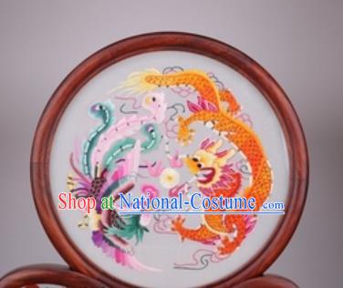 Chinese Traditional Suzhou Embroidery Dragon Phoenix Desk Folding Screen Embroidered Rosewood Decoration Embroidering Craft