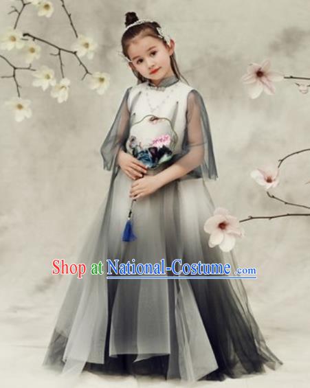 Chinese New Year Performance Black Veil Qipao Dress National Kindergarten Girls Dance Stage Show Costume for Kids