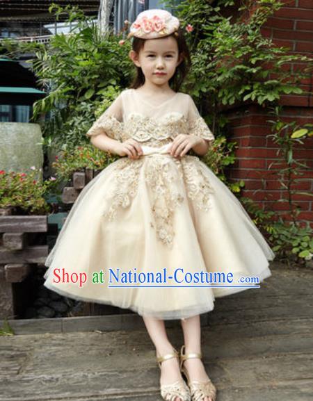 Top Grade Christmas Day Dance Performance Flowers Fairy Beige Full Dress Kindergarten Girl Stage Show Costume for Kids