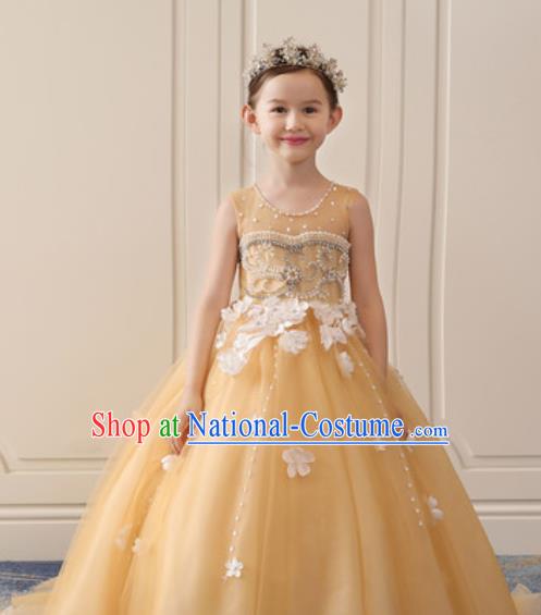 Top Grade Christmas Day Dance Performance Yellow Veil Trailing Full Dress Kindergarten Girl Stage Show Costume for Kids