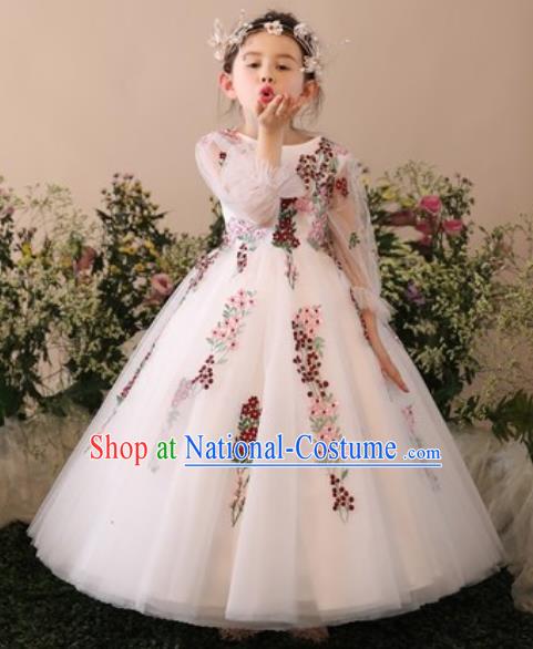 Top Grade Christmas Day Dance Performance Flowers Fairy White Full Dress Kindergarten Girl Stage Show Costume for Kids