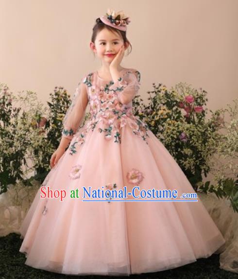 Top Grade Christmas Day Dance Performance Flowers Fairy Pink Full Dress Kindergarten Girl Stage Show Costume for Kids