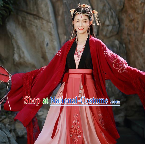 Traditional Chinese Song Dynasty Wedding Replica Costumes Ancient Court Princess Embroidered Red Hanfu Dress for Women