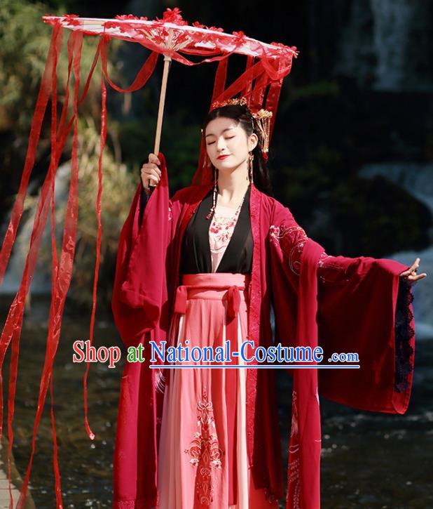 Traditional Chinese Song Dynasty Wedding Replica Costumes Ancient Court Princess Embroidered Red Hanfu Dress for Women