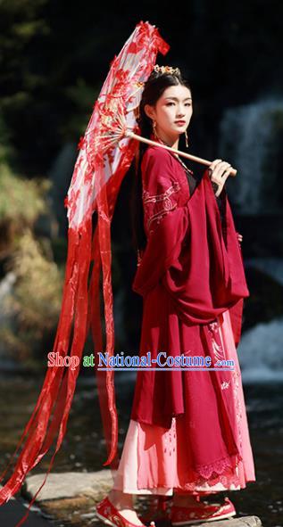 Traditional Chinese Song Dynasty Wedding Replica Costumes Ancient Court Princess Embroidered Red Hanfu Dress for Women