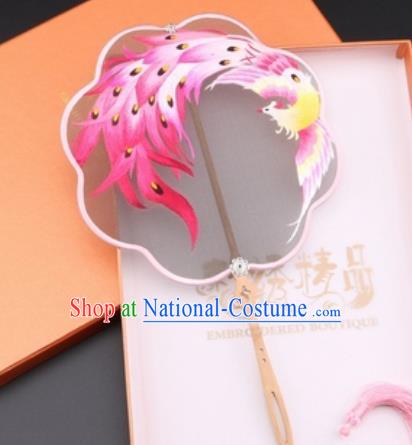 Chinese Traditional Suzhou Embroidery Pink Phoenix Palace Fans Embroidered Fans Embroidering Craft