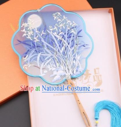 Chinese Traditional Suzhou Embroidery Blue Orchid Palace Fans Embroidered Fans Embroidering Craft