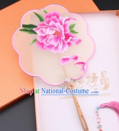 Chinese Traditional Suzhou Embroidery Pink Peony Palace Fans Embroidered Fans Embroidering Craft