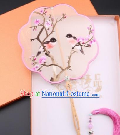 Chinese Traditional Suzhou Embroidery Plum Birds Palace Fans Embroidered Fans Embroidering Craft