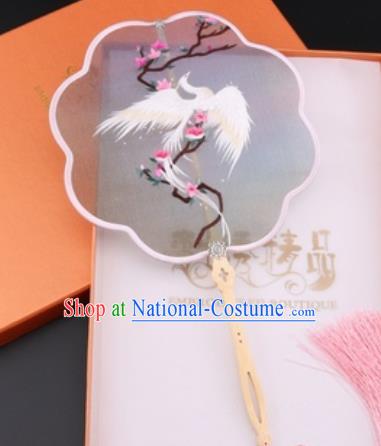 Chinese Traditional Suzhou Embroidery White Phoenix Palace Fans Embroidered Fans Embroidering Craft