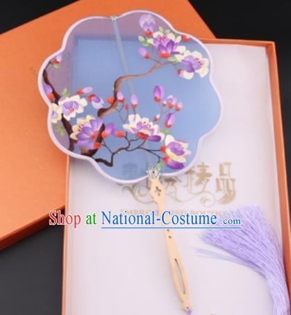 Chinese Traditional Suzhou Embroidery Purple Magnolia Palace Fans Embroidered Fans Embroidering Craft