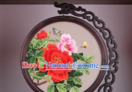 Chinese Traditional Suzhou Embroidery Peony Table Folding Screen Embroidered Rosewood Decoration Embroidering Craft