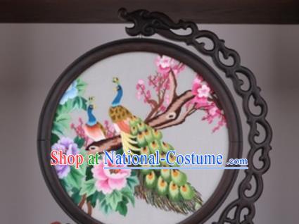 Chinese Traditional Suzhou Embroidery Peacock Peony Table Folding Screen Embroidered Rosewood Decoration Embroidering Craft