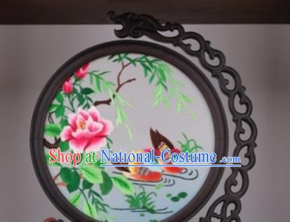 Chinese Traditional Suzhou Embroidery Mandarin Duck Peony Table Folding Screen Embroidered Rosewood Decoration Embroidering Craft