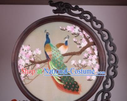 Chinese Traditional Suzhou Embroidery Plum Peacock Table Folding Screen Embroidered Rosewood Decoration Embroidering Craft