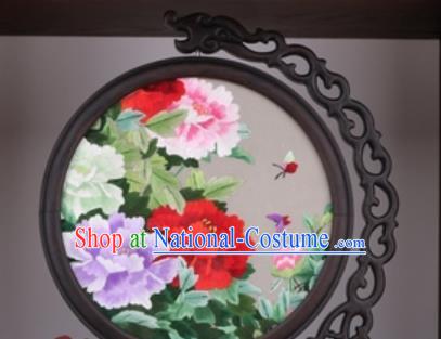 Chinese Traditional Suzhou Embroidery Peony Table Folding Screen Embroidered Rosewood Decoration Embroidering Craft