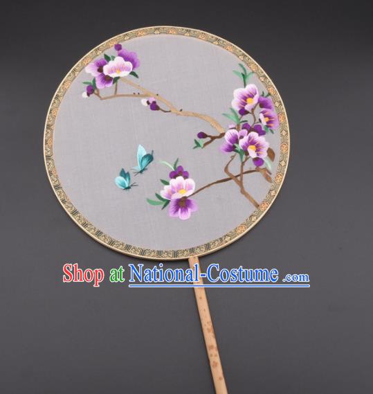 Chinese Traditional Suzhou Embroidery Purple Plum Palace Fans Embroidered Silk Round Fans Embroidery Craft