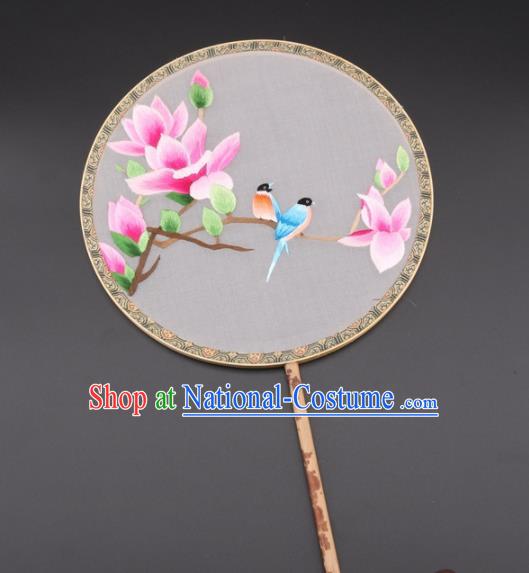 Chinese Traditional Suzhou Embroidery Pink Magnolia Birds Palace Fans Embroidered Silk Round Fans Embroidery Craft