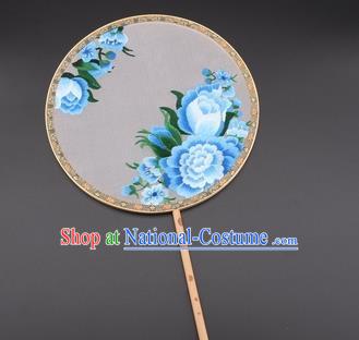 Chinese Traditional Suzhou Embroidery Blue Peony Palace Fans Embroidered Silk Round Fans Embroidery Craft