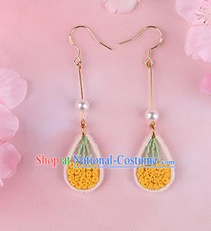 Traditional Chinese Handmade Embroidery Yellow Flowers Earrings Classical Hanfu Embroidered Ear Accessories for Women