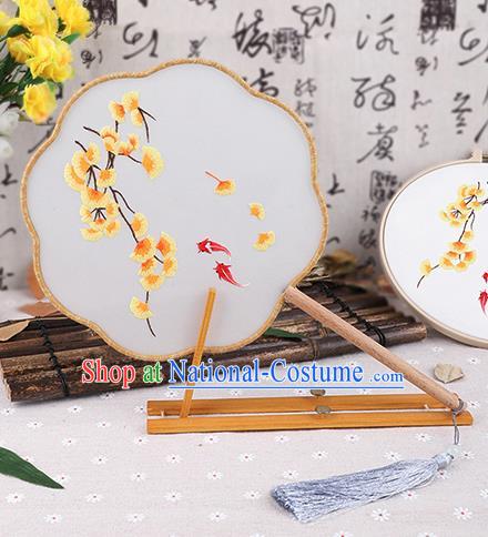 Chinese Traditional Handmade Embroidery Ginkgo Leaf Silk Fan Embroidered Palace Fans