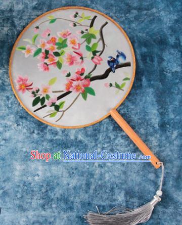 Chinese Traditional Handmade Embroidery Peach Blossom Silk Round Fan Embroidered Palace Fans