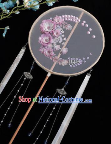 Chinese Traditional Handmade Embroidery Purple Camellia Silk Round Fan Embroidered Palace Fans