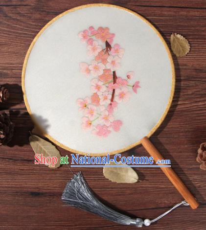 Chinese Traditional Handmade Embroidery Pink Sakura Silk Round Fan Embroidered Palace Fans