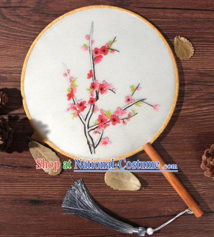 Chinese Traditional Handmade Embroidery Plum Silk Round Fan Embroidered Palace Fans