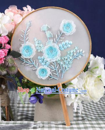 Chinese Traditional Handmade Embroidery Blue Camellia Round Fan Embroidered Palace Fans